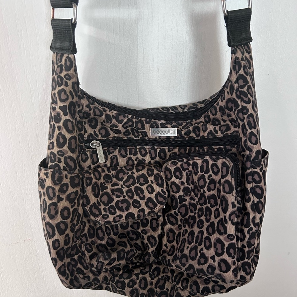 Baggallini Black and Brown Animal Print Shoulder Bag